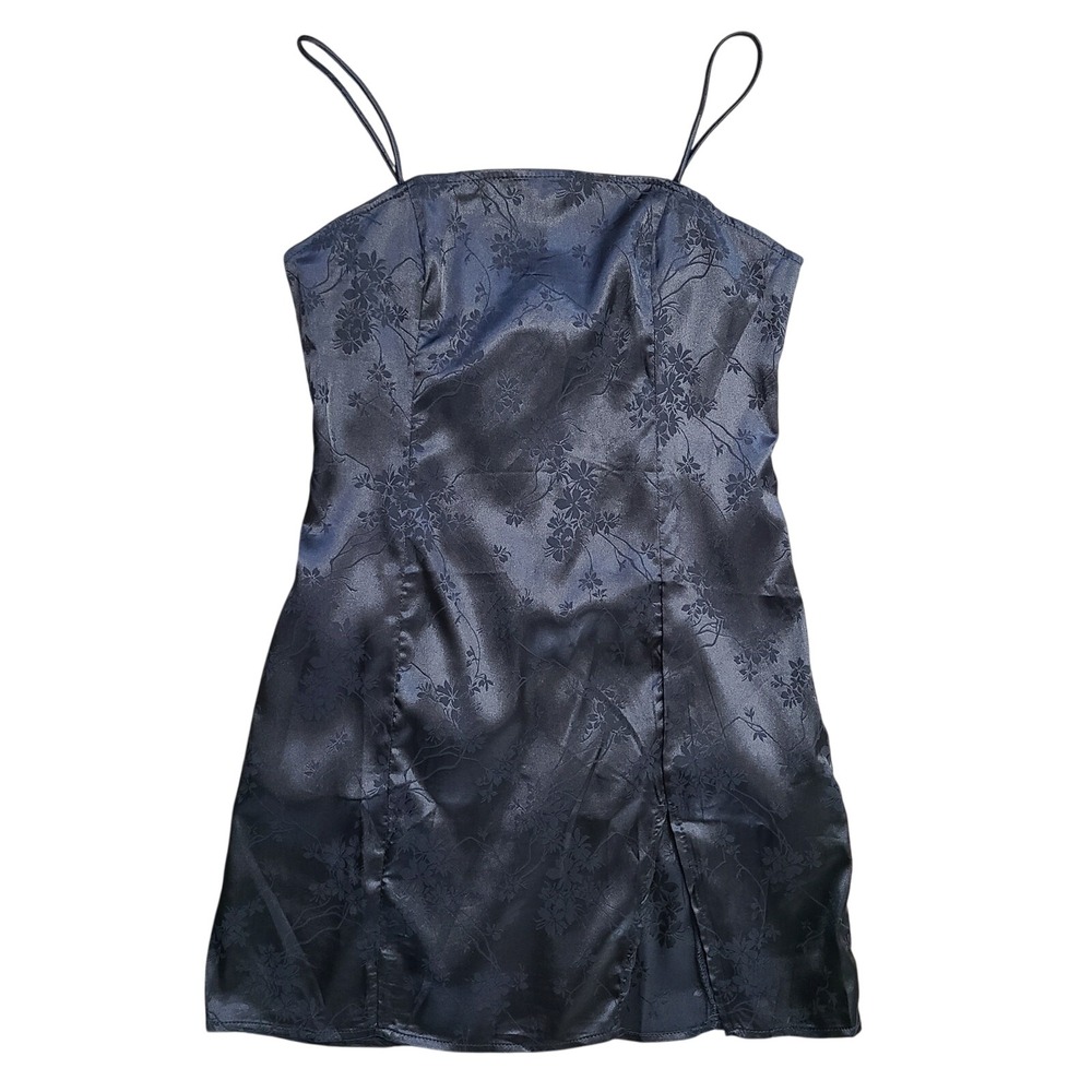 ZAFUL Mini Dress Womens 4 Black Floral Spaghetti Strap Jacquard Y2K Thigh Slit‎